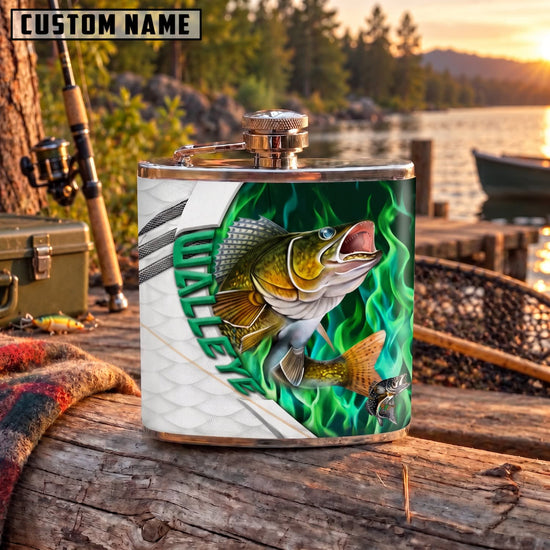 Maxcorners Fishing Largemouth Bass Green Flame Splash Personalized Name 3D Hip Flask
