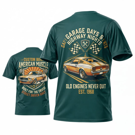 Maxcorners Personalized Car Classic Muscle Car 3D T-Shirt – Dark Teal Garage Days American Muscle Car