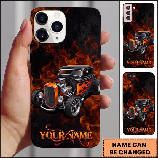 Maxcorners Hot Rod Black Vintage Car with Orange Flame and Dark Background Personalized Name 3D Phone Case