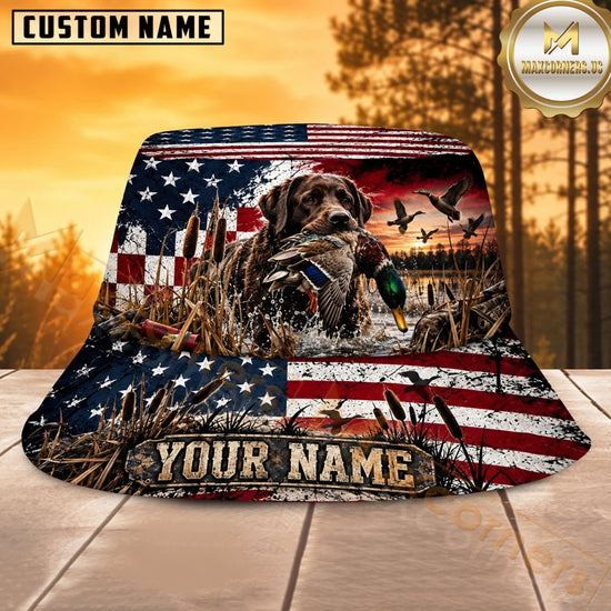 Maxcorners Hunting Dog Patriotic Stars Stripes Personalized Name 3D Bucket Hat