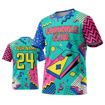 Maxcorners Cornhole Club Retro Memphis Neon Personalized Name 3D Unisex Shirt