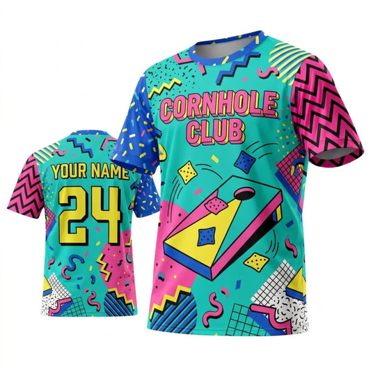 Maxcorners Cornhole Club Retro Memphis Neon Personalized Name 3D Unisex Shirt