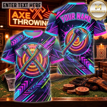 Maxcorners Axe Throwing Purple Cyan Neon Crossed Axes Personalized Name 3D Unisex Shirt