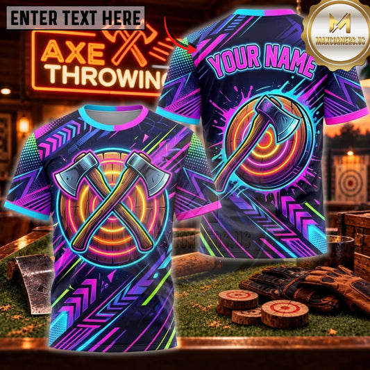 Maxcorners Axe Throwing Purple Cyan Neon Crossed Axes Personalized Name 3D Unisex Shirt