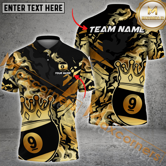 Maxcorners Billiard Ball 9 King Crown Golden Pattern Vintage Multicolor Options Personalized Name, Team Name 3D Polo Shirt