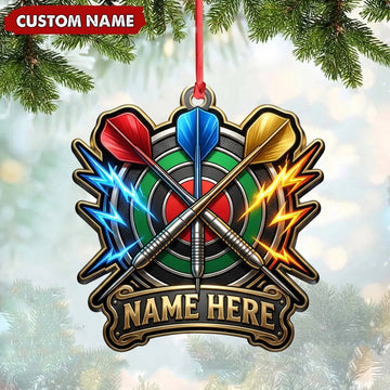 Maxcorners Darts Lover Lightning Bolt Crest, Crossed Darts, Name Plate Personalized Name Ornament 2D Flat