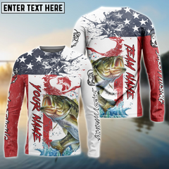 Maxcorners Bass Fishing American Flag Seawave Personalized Name, Team Name 3D Long Sleeve Shirt