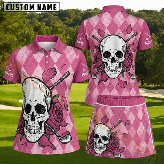 Maxcorners Pink Skull Rose and Crossed Golf Clubs Personalized Name 3D Golf Shirt and Skirt
