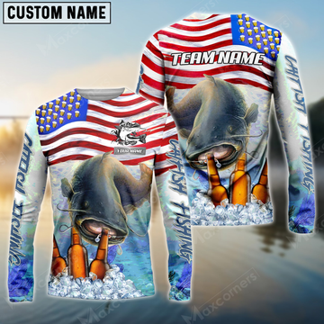 Maxcorners Catfish Fishing American Flag Bear Sun Protection Personalized Name, Team Name Long Sleeve Shirt