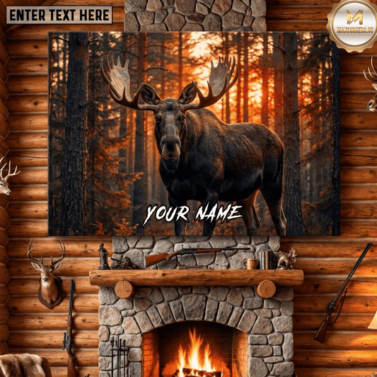Maxcorners Moose Hunting Bull Moose Sunset Pine Forest Autumn Wildlife Scene Canvas Wall Art