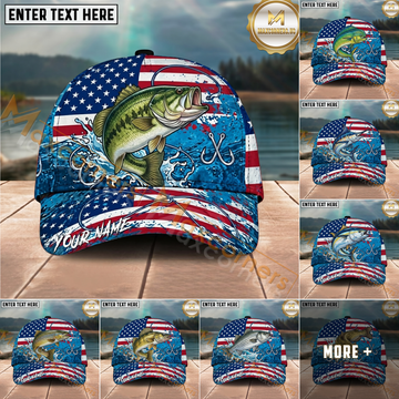 Maxcorners Fishing Distressed American Flag Water Splash Personalized Name 3D Cap (12 Fish Species)