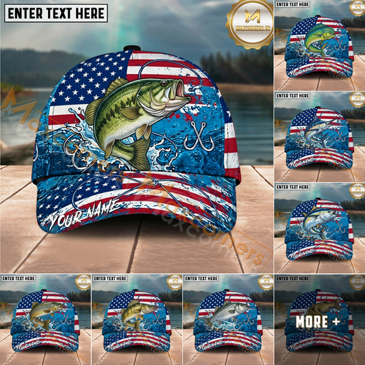 Maxcorners Fishing Distressed American Flag Water Splash Personalized Name 3D Cap (12 Fish Species)