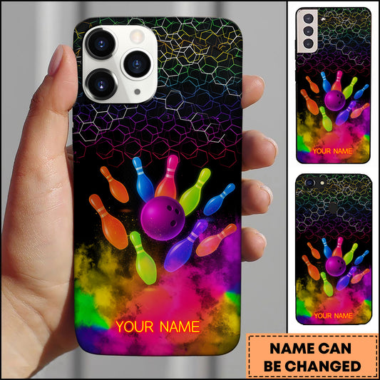 Maxcorners Bowling Neon Color Splash Pins Personalized Name 3D Phone Case