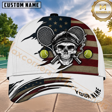 Maxcorners Tennis Skull Crossed Rackets American Flag White Honeycomb 3D Design Personalized Name 3D Cap