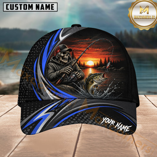 Maxcorners Fishing Skull Angler Blue Wave Personalized 3D Cap