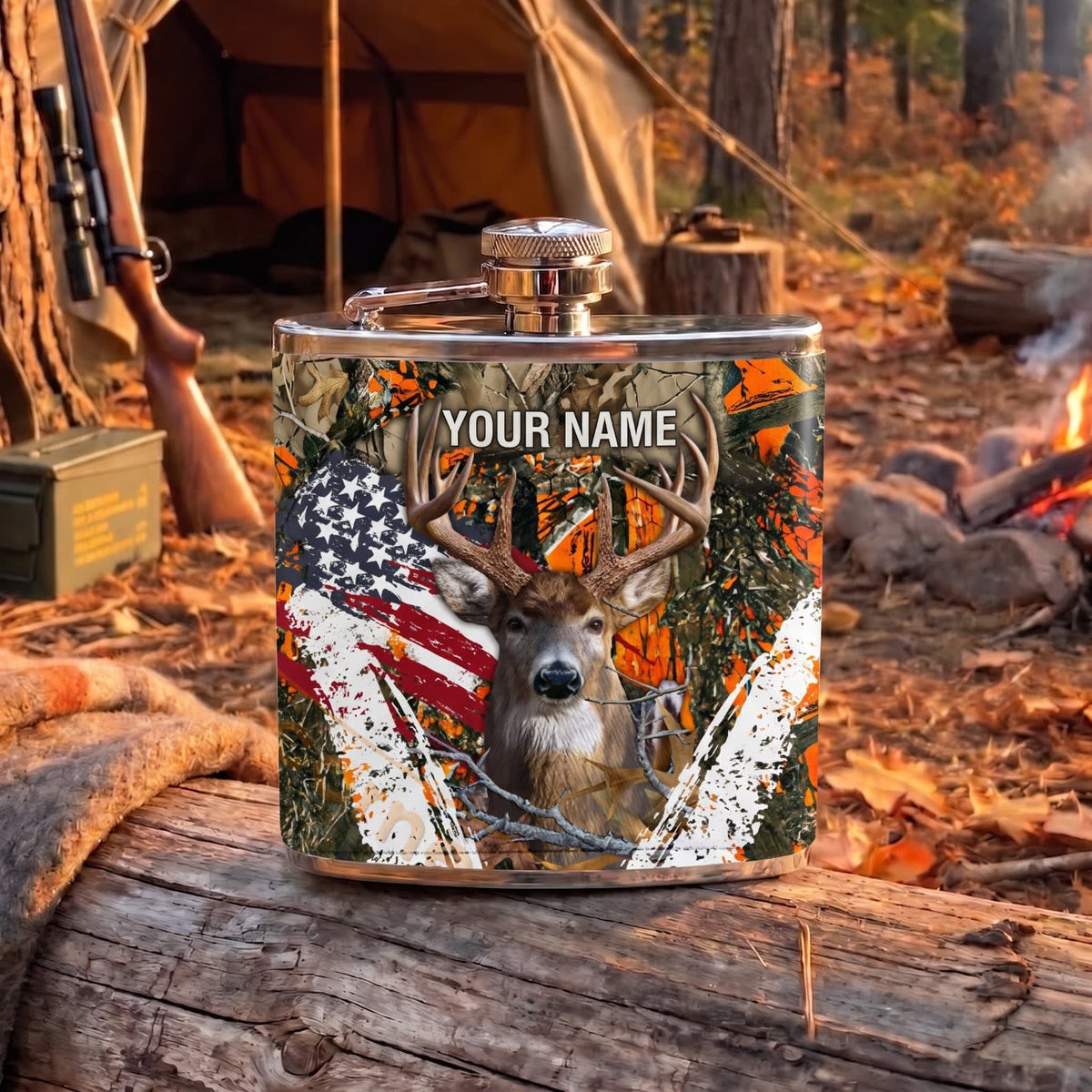 Maxcorners Hunting Patriotic Whitetail Deer American Flag Design Personalized Name 3D Hip Flask