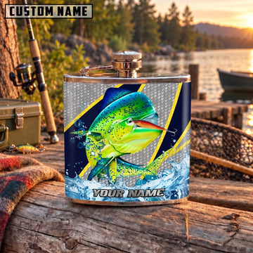 Maxcorners Fishing Mahi Mahi Blue Ocean Splash Personalized Name 3D Hip Flask