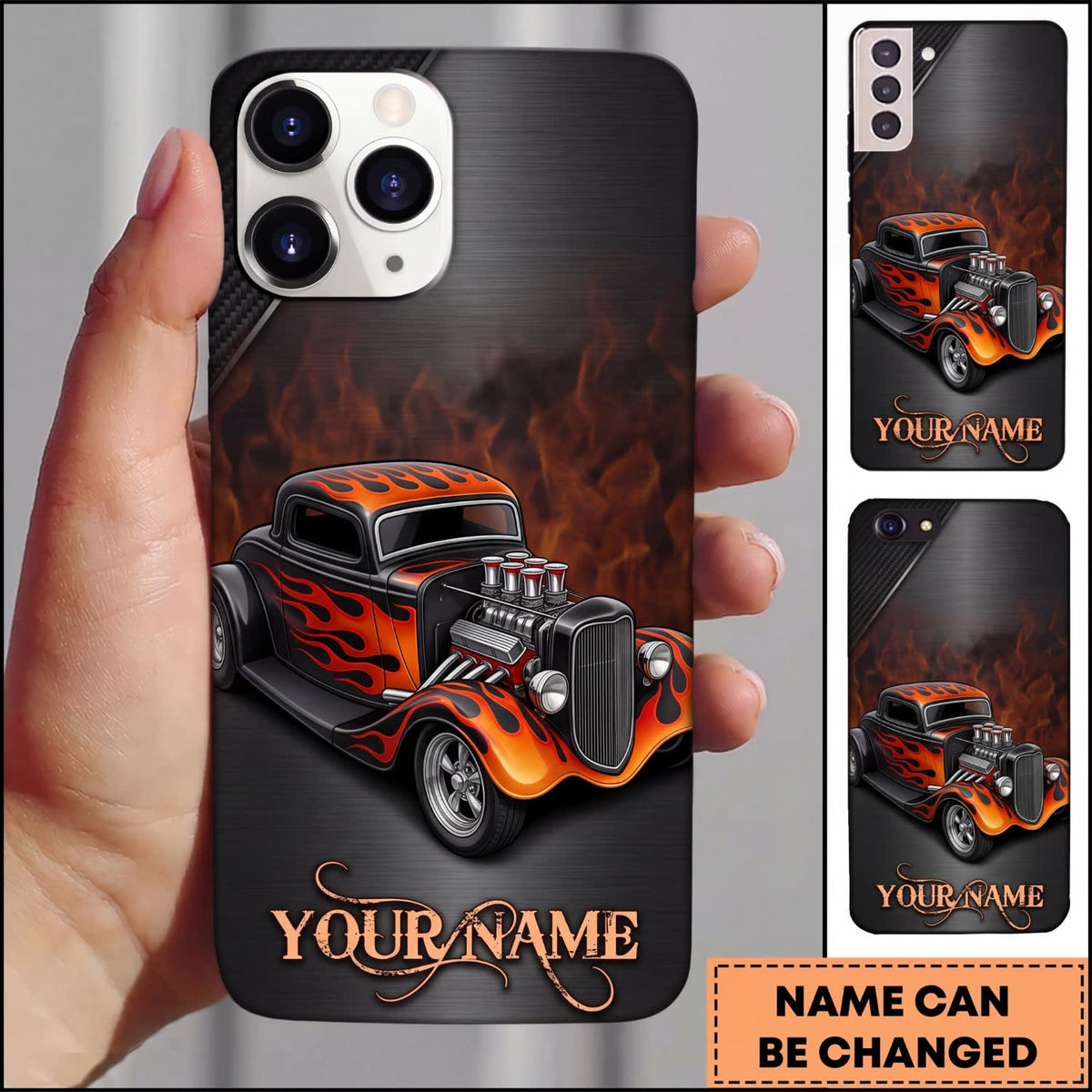 Maxcorners Hot Rod Red Classic Car with Fiery Engine and Smoke Personalized Name 3D Phone Case