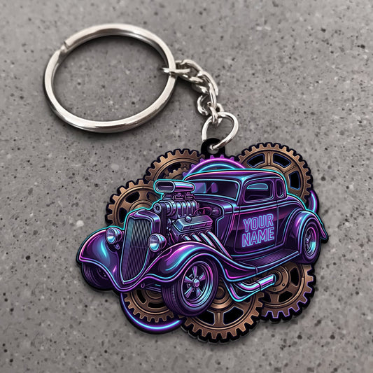 Maxcorners Hot Rod Purple Classic Coupe with Neon Blue Graphics and Rusty Gear Frame Personalized Name 3D Keychain And Ornament
