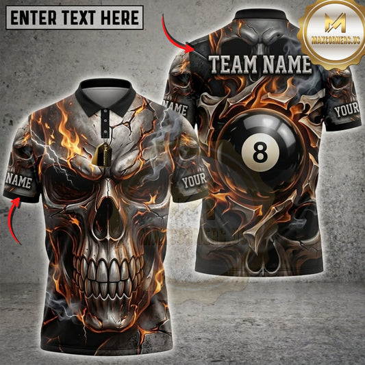Maxcorners Billiards Silver Chrome Skull Black 8 Ball Multicolor Customized Name, Team Name 3D Shirts ( 4 Colors )