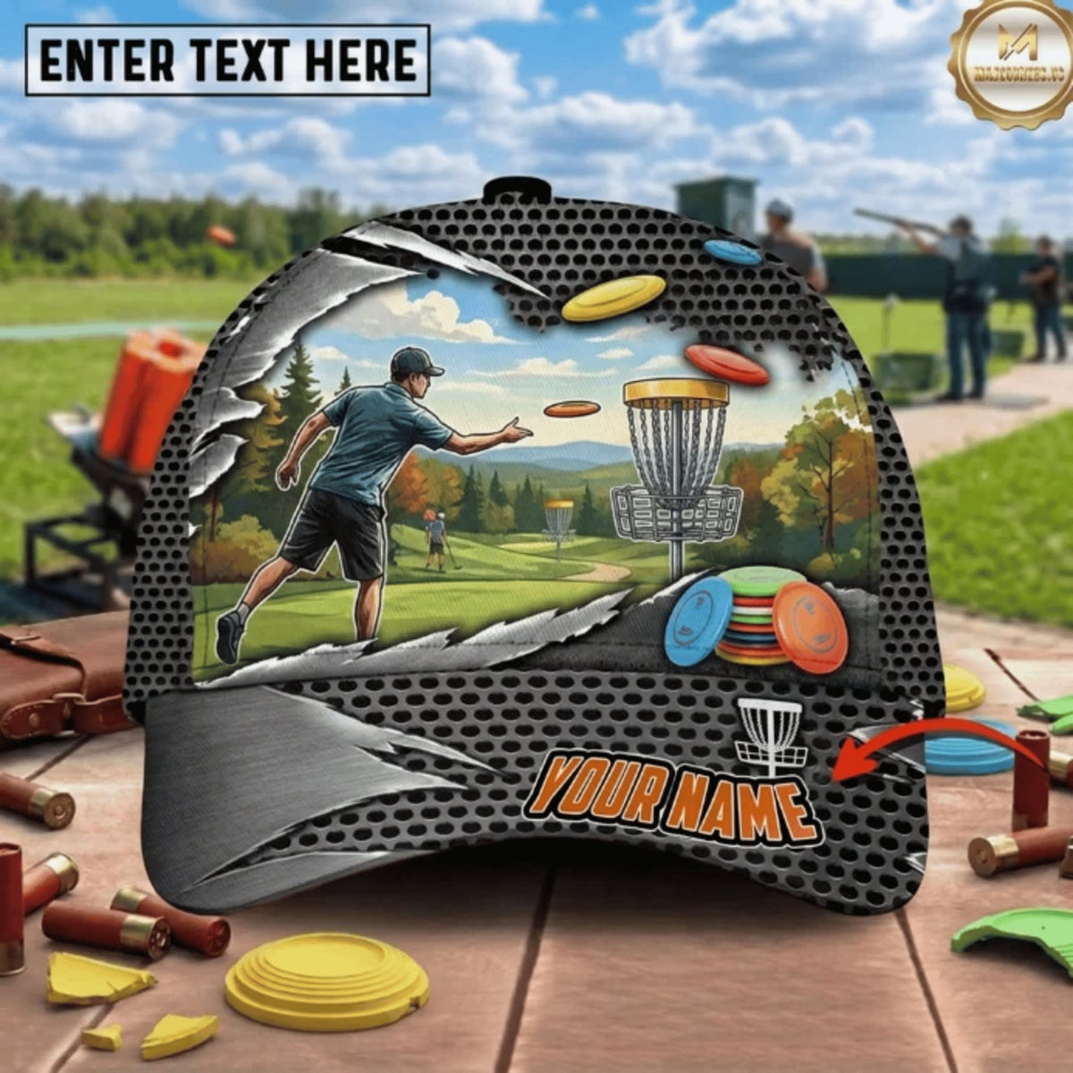 Maxcorners Disc Golf Player Throwing Disc Course Landscape Personalized Name 3D Cap LM3009