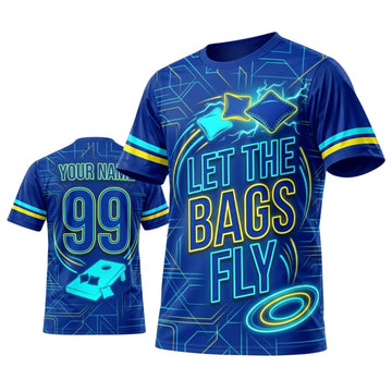 Maxcorners Cornhole Let The Bags Fly Blue Neon Personalized Name 3D Unisex Shirt