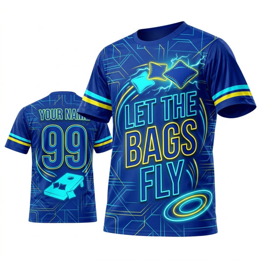 Maxcorners Cornhole Let The Bags Fly Blue Neon Personalized Name 3D Unisex Shirt