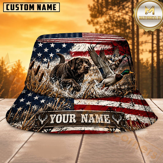 Maxcorners Deer Hunting American Flag Mountain Personalized Name 3D Bucket Hat