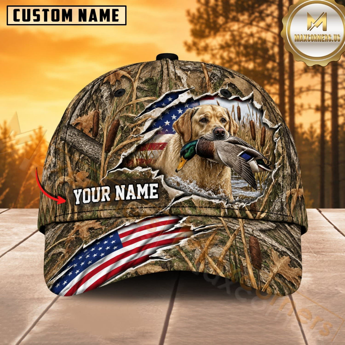 Maxcorners Dog Hunting And Duck Woodland Camo Torn American Flag Personalized Name 3D Cap
