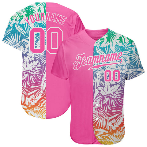 Custom Pink Tropical Palm Leaves Pattern Authentic Baseball Jersey