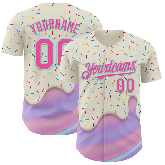 Maxcorners Custom Cream Pink-Ice Blue Foodie Dripping Ice Cream Authentic Baseball Jersey LM2605