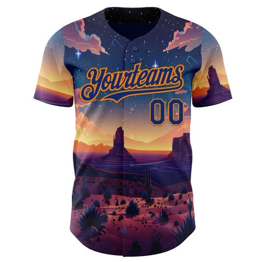 Maxcorners Custom Blue Royal-Bay Orange Texas Sunset Night Landscape City Edition Authentic Baseball Jersey LM2605