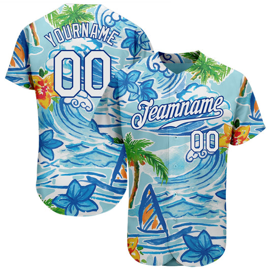 Maxcorners Custom White Royal 3D Pattern Design Beach Hawaii Palm Trees And Flowers Authentic Baseball Jersey LM2605