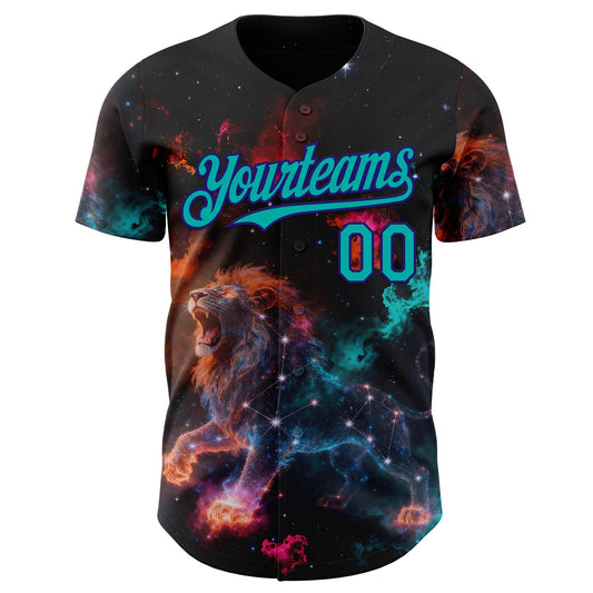Maxcorners Custom Black Aqua-Dark Purple Galaxy Star Leo Authentic Baseball Jersey LM2605