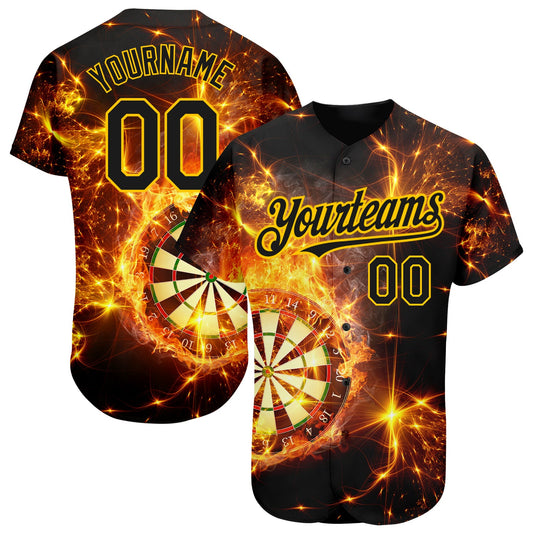 Maxcorners Custom Black Gold 3D Pattern Design Flame Dart Board Authentic Baseball Jersey LM2605