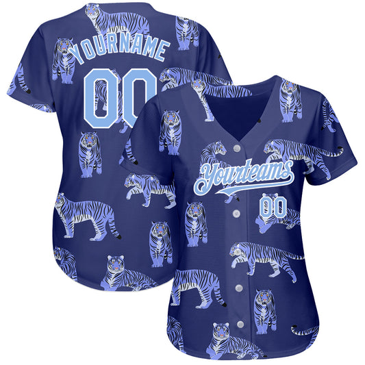 Maxcorners Custom Dark Purple Light Blue-White 3D Pattern Design Tiger Authentic Baseball Jersey LM2605