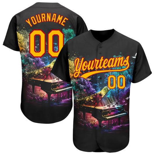 Maxcorners Custom Black Gold-Red 3D Pattern Design Music Festival Piano With Colorful Smoke Authentic Baseball Jersey LM2605