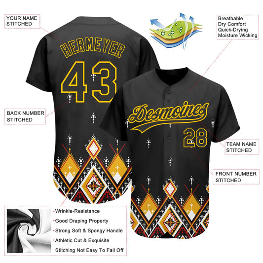 Maxcorners Custom Black Yellow 3D Pattern Design Geometric African Ethnic Style Authentic Baseball Jersey LM2605