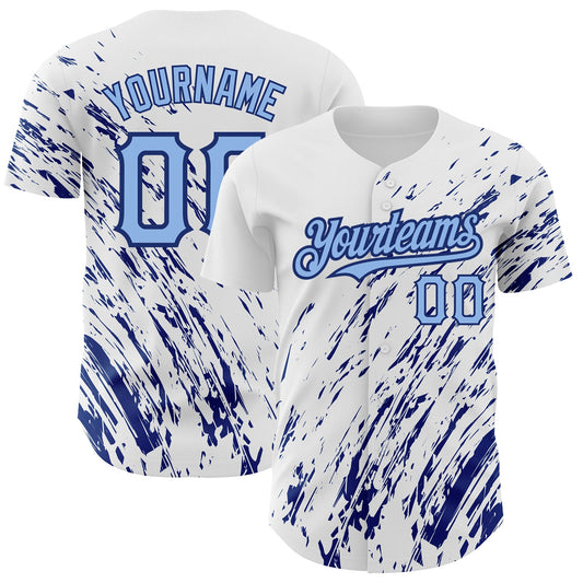 Maxcorners Custom White Light Blue-Royal 3D Pattern Design Abstract Splash Authentic Baseball Jersey LM2605