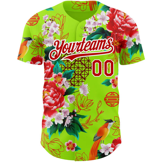 Maxcorners Custom Neon Green Red-White 3D Pattern Design Northeast China Big Flower Authentic Baseball Jersey LM2605