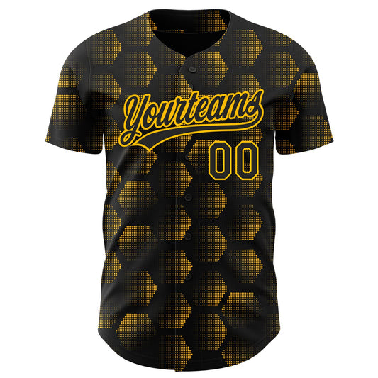 Maxcorners Custom Black Gold 3D Pattern Design Halftone Geometric Shapes Authentic Baseball Jersey LM2605