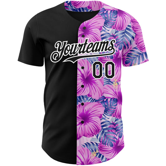Maxcorners Custom Pink Black-White 3D Pattern Design Tropical Flower And Hawaii Palm Leaves Authentic Baseball Jersey LM2605