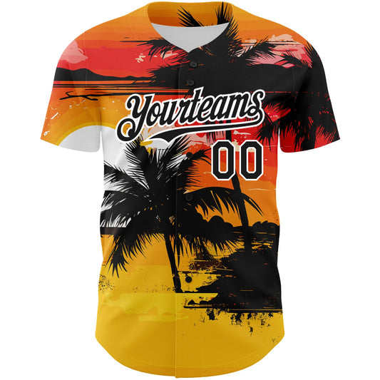 Maxcorners Custom Yellow Black White 3D Pattern Design Beach Hawaii Palm Trees Authentic Baseball Jersey LM2605