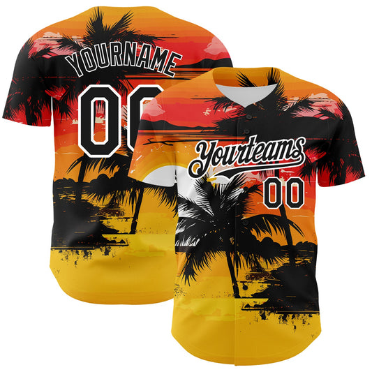 Maxcorners Custom Yellow Black White 3D Pattern Design Beach Hawaii Palm Trees Authentic Baseball Jersey LM2605