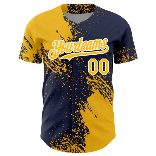 Maxcorners Custom Gold Navy-White 3D Pattern Design Abstract Brush Stroke Authentic Baseball Jersey LM2605