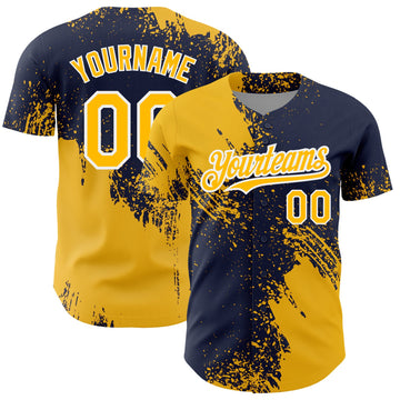Maxcorners Custom Gold Navy-White 3D Pattern Design Abstract Brush Stroke Authentic Baseball Jersey LM2605