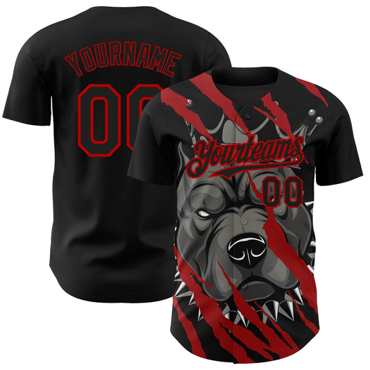 Maxcorners Custom Black Red 3D Pattern Design Animal Pitbull Dog Authentic Baseball Jersey LM2605