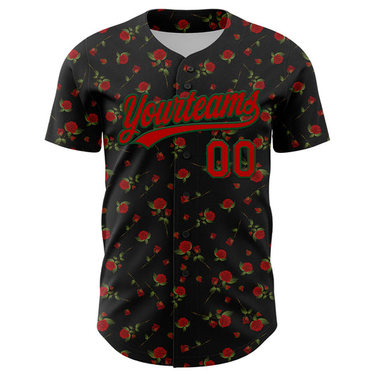 Maxcorners Custom Black Red-Green 3D Pattern Design Gothic Style Rose Authentic Baseball Jersey LM2605