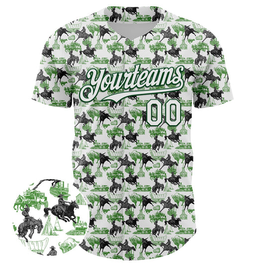 Maxcorners Custom White Green 3D Pattern Design Rodeo Cowboy Authentic Baseball Jersey LM2605
