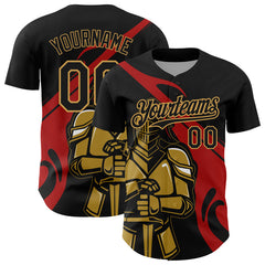 Maxcorners Custom Black Red-Old Gold 3D Pattern Design Knight Hero Art Authentic Baseball Jersey LM0609